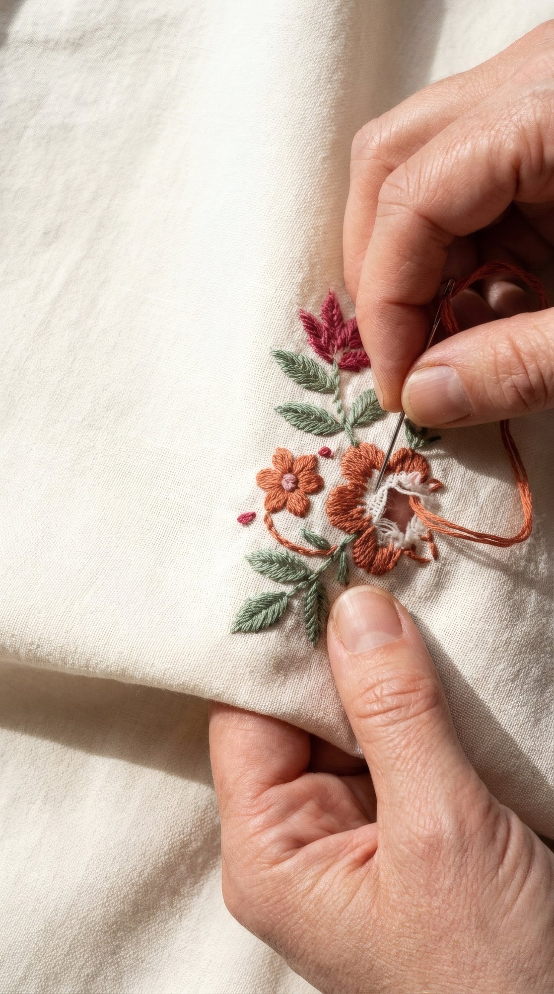 Mano che ricama un fiore su tessuto